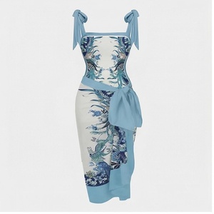 Women's Blue Floral Print One-Piece Dress With Square Neck And Side Tie Detail - Product Image 1