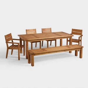 Conjunto de Comedor Versátil de Madera de Teca Maciza para Exteriores con Mesa Rectangular, Sillones, Sillas Laterales y Banco Largo - Product Image 1