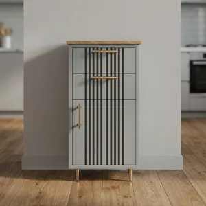 Meuble de salle de bain gris moderne avec panneaux frontaux cannelés, poignées en bois, rangement compact, autoportant avec 2 tiroirs et 1 porte - Product Image 6