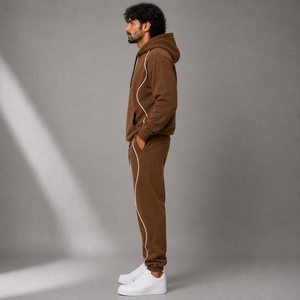 Men's Brown Hooded Tracksuit <b>Set</b> with White Contrast Piping Pullover Hoodie and <b>Jogger</b> Pants for Casual Streetwear - Product Image 4