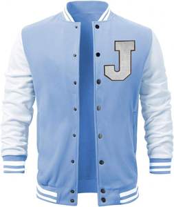 Men's Light Blue Varsity <b>Jacket</b> With <b>White</b> Sleeves Embroidered Letter J Preppy Style Autumn Outerwear Regular Fit - Product Image 1