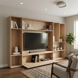 Meuble de rangement mural modulaire, meuble TV avec portes battantes, placage bois naturel, console multimédia, étagère ouverte, rangement pour salon - Product Image 3