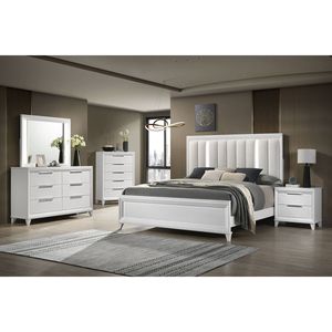 Solid Wood King-Size <b>Panel</b> Bed with LED Lights and White Finish <b>Headboard</b> Upholstered Cushion Furniture - Product Image 6