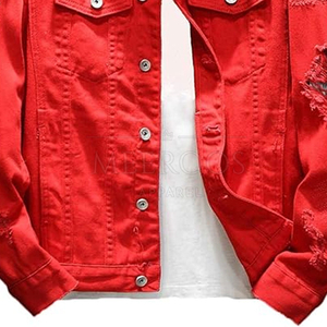 Veste en jean rouge déchirée pour homme, style streetwear décontracté, col rabattu, coupe classique, printemps - Product Image 6
