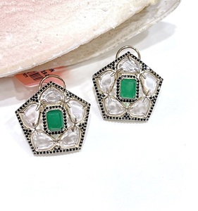 Dazzling Geometric <b>Stud</b> Earrings With Red Crystal And Rhinestones Antique <b>Silver</b> Plated For Women Party Wear Vintage Style - Product Image 2
