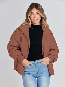 Brown Quilted Puffer <b>Jacket</b> Women Hooded Full <b>Sleeve</b> Zipper Closure Thick Winter Solid Color Casual <b>Short</b> Coat - Product Image 4