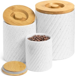 Pot de rangement en céramique de luxe avec couvercle en bambou, texture mouchetée, hermétique, organisateur de cuisine moderne, pot de comptoir, style premium - Product Image 3