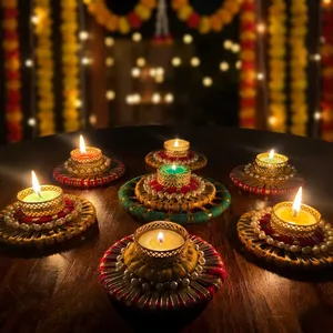 Handicraft Eco-Friendly Durable Multicolor Pearl <b>Tealight</b> Diya <b>Holder</b> Set Decorative Rangoli Tray Diwali Wedding Festival Home - Product Image 5
