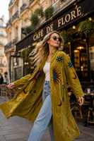 Manteau long en velours pour femme, motif Soleil Lune Étoile, broderie Suzani céleste, vêtement d'extérieur de festival, manteau long élégant