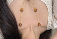 Collier long en argent sterling plaqué or 18 carats avec perles d'ambre et perles naturelles, fait main, style ethnique, cadeau de mariage pour femme - Product Image 6