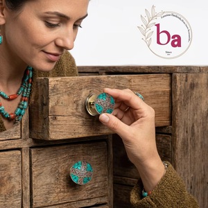 Ba Traditional <b>Brass</b> Round Cabinet <b>Knob</b> with Mosaic Turquoise and Red Inlay Design for Home Bar Furniture - Product Image 3