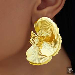 PRAO Half Flower Butterfly Motif <b>Stud</b> <b>Earrings</b> Anti-Tarnish <b>Fine</b> Jewelry - Product Image 2