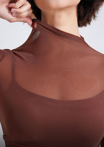 Conjunto de yoga de 2 piezas para mujer: Top corto de malla de manga larga con cuello alto y leggings de cintura alta transpirables de color liso - Product Image 4