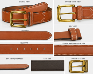 Ceinture pour homme en cuir de vachette de haute qualité, couleur or, avec boucle carrée en cuivre, double couture, tressée, 35 mm, texture fine, décontractée - Product Image 2