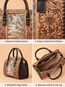 Western Floral Genuine Leather Casual Tote Fashion Tassel Two Straps Zipper <b>Large</b> Capacity Portable Travel <b>Purse</b> Women - Product Image 3