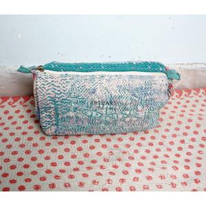 Large Cotton Kantha Handmade Floral Modern Cosmetic Pouch & for Bag Zipper Closure Lightweight Vintage Design for Women - Product Image 5
