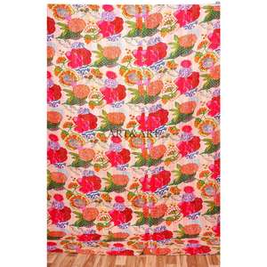 ART&ART Colcha Indiana Hecha a Mano Kantha para Mujer, 100% Algodón, Diseño Floral con Estampado a Bloque, 220g de Peso de Tela, Rajasthan - Product Image 1