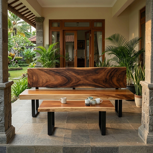Banco de Madera Maciza de Suar con Respaldo de Borde Natural, Estilo Industrial Premium, Hecho a Mano, con Patas Tipo Sable, para Sala de Estar Moderna - Product Image 6