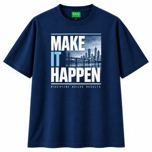 T-shirt à manches courtes bleu marine pour homme RKG, imprimé City, design motivant « Make It Happen », coupe ample, 100 % coton jersey, formel - Product Image 1