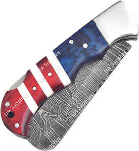 Couteau pliant haut de gamme artisanal en acier Damas, pointe tombante, manche en bois Pakka et résine patriotique, pommelle en acier inoxydable, étui en cuir, EDC - Product Image 2