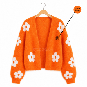 Cosh International Sorority Sisterhood Acrylic Orange Floral Knitted <b>Cardigan</b> Women's Casual Long Sleeve O-Neck <b>Open</b> <b>Front</b> - Product Image 1