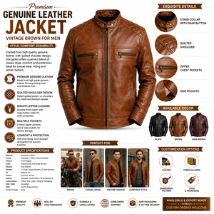 Men's Genuine Leather <b>Biker</b> <b>Jacket</b> Vintage Brown Motorcycle <b>Jacket</b> Quilted Shoulder Casual Winter Leather Coat - Product Image 5