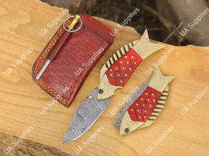 มีดพับเหล็กดามัสกัสทำมือ ปลายหยดน้ำ สำหรับตกปลา พกพาสะดวก ใช้เอาตัวรอดกลางแจ้ง EDC รองรับ OEM/ODM ด้ามทองเหลืองสลักลายด้วยมือ DIY - Product Image 4