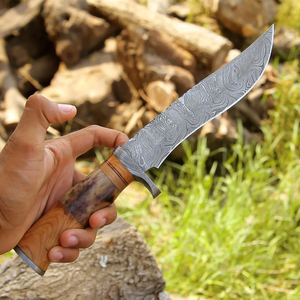 Cuchillo de caza de acero de Damasco con punta de gota y mango de madera, hoja fija, hecho a mano, para supervivencia al aire libre, venta al por mayor OEM - Product Image 4