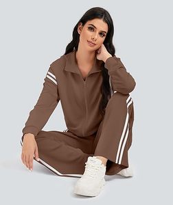 Conjuntos deportivos de alta calidad para mujer, conjunto de sudadera con cremallera, pantalones de jogging de pierna ancha con rayas en contraste, traje deportivo de viaje - Product Image 6