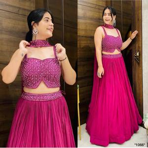 NiMa Creations Lehenga Choli en Georgette Rose Brodé, Robe de Mariage Traditionnelle Longue pour Femme, Séchage Rapide, Inde Pakistan - Product Image 1
