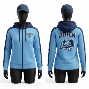 Premium 320 GSM Soft <b>Fleece</b> Waterproof Breathable Hooded Cheerleading Training Jacket Blue <b>Navy</b> Panels Custom Other Printing - Product Image 1