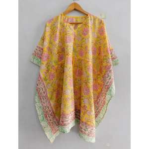 Robe Kaftan Bohème en Coton Fait Main Imprimé Floral Coupe Ample Mini Col V Manches Chauve-Souris Cordon de Serrage Évasée pour la Plage - Product Image 3