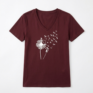 T-shirt personnalisé à col en V pour femme, en coton uni, à manches courtes, coupe ajustée, hauts artistiques féminins, fabricant - Product Image 1