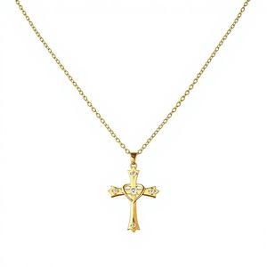 Collier Croix Plaqué Or 14K AMBER JEWELS T-3039 avec Accents de Diamants Taille Brillant, Style Religieux, Bijoux Unisexe Certifiés IGI - Product Image 1