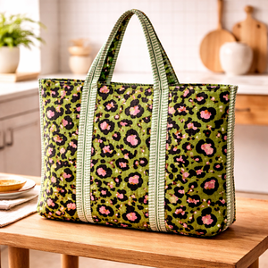 Bolsa de Mano Impermeable de Algodón con Estampado de Leopardo Verde, Gran Capacidad, Reutilizable, Ecológica, para Compras, para Mujer - Product Image 1