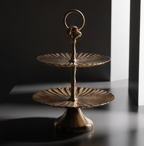 Factory Direct 2 Tier Round Sunburst Fluted Metal <b>Cake</b> <b>Stand</b> <b>Vintage</b> Gold Finish Dessert Platter Centerpiece Knot Handle - Product Image 4