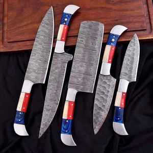 Ensemble de couteaux de chef en acier Damas 5 pièces avec manche drapeau américain, ensemble de couteaux de cuisine avec sac en cuir, couverts faits à la main, vente en gros - Product Image 5