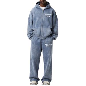 Chándales de Invierno Premium Personalizados para Hombre, Lavado Ácido, Hombros Caídos, Cierre de Cremallera, Logotipo Impreso Personalizado, 100% Algodón Grueso - Product Image 1