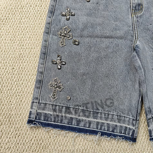 Pantalones cortos de mezclilla personalizados para hombre, estilo oversize, lavado ácido, con diamantes de imitación y pedrería, estilo streetwear, holgados, Verano 2026 - Product Image 2