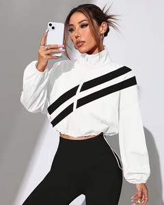 Conjunto Deportivo de Dos Piezas para Mujer, Chaqueta Corta Cortavientos |   Chaqueta con cremallera y estampado de rayas diagonales y leggings deportivos de cintura alta - Product Image 1