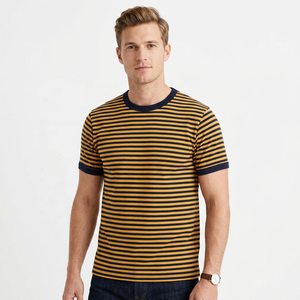 T-shirt à manches courtes en tricot rayé pour homme, col rond, coupe classique, vêtement décontracté, motif bleu marine et jaune - Product Image 2