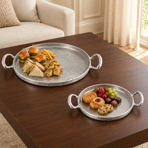 Artisan Aluminum Round Serving <b>Tray</b> Set <b>Silver</b> Textured Finish Dual Handles Raised Rim | <b>Decorative</b> Dining Table ServewareTray - Product Image 2