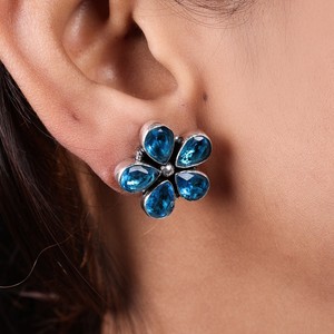 Boho Ethnic Engagement <b>Blue</b> Topaz Flower Drop <b>Earrings</b> Brass Bezel Setting Antique Silver Plated Handmade Women's Jewelry ARTS - Product Image 2