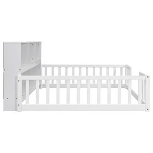 <b>White</b> Full Floor Bed with Side <b>Bookcase</b> Shelves & Guardrails - Product Image 1