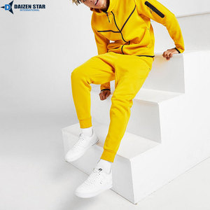 Unisex Yellow Hooded Tracksuit Full Sleeve Solid Color Sporty Sweatshirt Pants Set Breathable Polyester Autumn Wear - Product Image 3