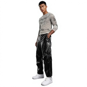 Pantalon Harem Homme en PU Enduit, Mi-lourd, Écologique, Taille Élastique, Multiples Poches, Style Urbain, Noir, Décontracté, Vêtement d'Hiver - Product Image 6