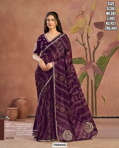 Sari de seda satinada rojo de dos tonos TARANG con estampado digital Bandhej y bordado de lentejuelas para mujer 44707 - Product Image 6