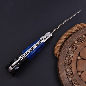 Couteau pliant en acier Damas, manche en résine noire et bois Pakka, étui, couteau de chasse EDC de haute qualité - Product Image 2