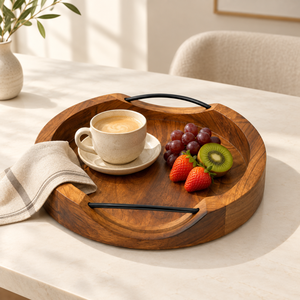 Plateau de service rond en bois moderne et écologique de qualité supérieure avec poignées en métal |   Décoration multifonctionnelle pour la cuisine et la maison - Product Image 3