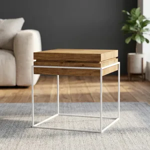 Modern Wood Top Coffee <b>Table</b> White Metal Frame Base Minimalist <b>End</b> Side <b>Table</b> <b>for</b> <b>Living</b> <b>Room</b> - Product Image 4